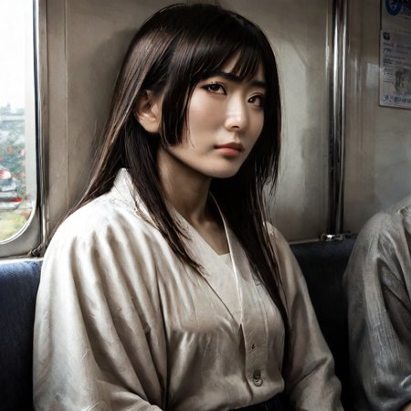 score_9, score_8_up, score_7_up, masterpiece, very high quality, japanese woman, asian face, 1 girl, high cheekbones, flat nose, very wide face, grey eyes, gray eyes, sitting, white shirt, jeans, epiCPhoto, legsonthetra1n, from front, sitting across from viewer, train interior, leg focus