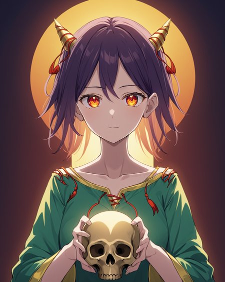 nippaku zanmu,solo, horns, closed_mouth, upper_body, looking_at_viewer, holding_skull, collarbone, simple_background, 1girl, long_sleeves, androgynous
<lora:nippaku_zanmu_image235_2023-12-20:1>,star-shaped_pupils,symbol-shaped_pupils,. gorgeous,key visual, vibrant, studio anime,award-winning, professional, highly detailed,high budget, cinemascope