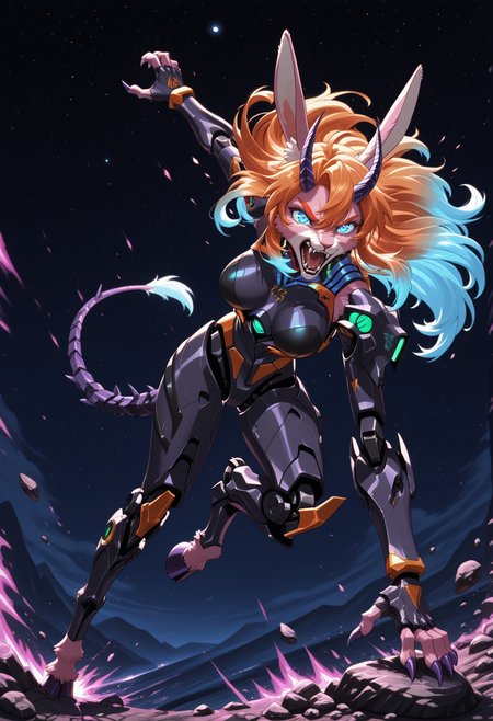 masterpiece, best quality, good quality, very aesthetic, absurdres, newest, dutch angle, focused subject, shouting, (solo), hand on rock,
night, starry sky, 
<lora:Vhenra:1> vhenra, purple claws, hooves, gradient hair, purple horns, orange hair, blue hair, long hair,  fangs, orange eyebrows, rabbit ears,  blue eyes, pink fur, anthro, 
<lora:NM_Eva_01:0.3> NM_Eva_01, evangelion (mecha), mecha, robot, humanoid robot, glowing eyes, glowing, horns, science fiction, mechanical horns, black outfit, 
<lora:Exosuit:0.6> cyb3r3x0, mecha, exoskeleton, mecha musume, robot
<lora:reij-rt:1> <lora:spo_sdxl_10ep_4k-data_lora_webui:1>