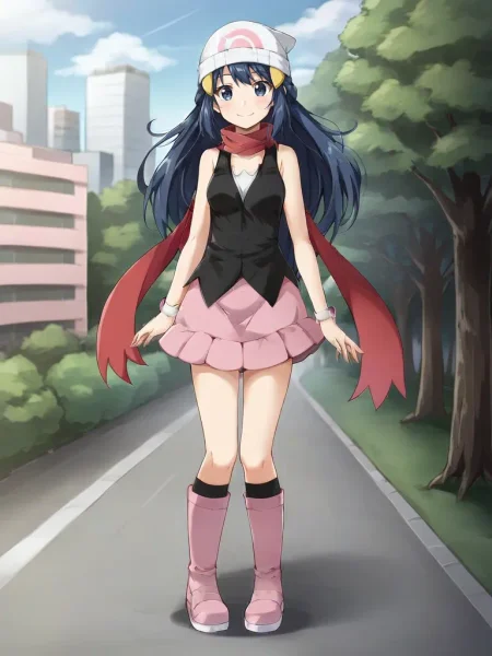 <lora:DPDawnHikariTsukishiroV3:0.7>
1girl, solo, hidawnkari, blue hair, long hair, blue eyes, white headwear, beanie, hair ornament, hairclip, black shirt, sleeveless, red scarf, pink skirt, miniskirt, black kneehighs, pink boots, full body, outdoors, city, trees, smile