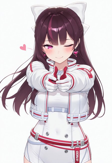 (masterpiece,best quality,highres, absurdres, amazing quality, very aesthetic:1.2), masterpiece, amazing quality, best quality, ultra-detailed, 8K, source cartoon, score_9, score_8_up, source anime, anime still, nikkeju, 1girl, solo, heart earrings, earrings, streaked hair, hair bow, white bow, bow, white bodysuit, belt, white jacket, open jacket, long sleeves, cropped jacket, gloves, blush, Simple background, white background, looking at viewer, finger gun,one eye closed, aiming at viewer, smile