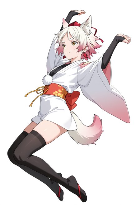 Smooth Quality,masterpiece,very intricate, high quality details, ultra realistic, high detailed skin,detailed enviorement,absurdres,
simple background, white background,solo,
jumping, arms raised, legs bent, happy face, energetic posture,  ,from side,forced smile,
 <lora:Momiji_cnn:0.8> momijicnn,1girl, wolf ears, yellow eyes, white hair, pink hair, short hair, gradient hair, thick eyebrows,tokin hat, japanese clothes,white kimono,sash, black thighhighs, long sleeves, bridal gauntlets,earrings, pom pom (clothes), tail,