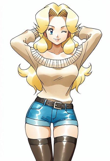 (source_anime, score_9, score_8_up, score_7_up:1), 1girl, solo, trainerallie, allieoutfit, beige off-shoulder sweater, denim shorts, thigh highs, (large breasts:0.75), (pink lips:0.75), looking at viewer, smile, winking, arms raised, cute, simple background, ken sugimori, watercolor \(medium)\