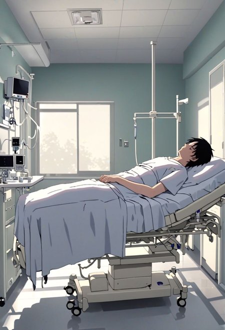 Highres, Masterpiece, High Quality, 4K, 8K, solo, 1Boy, Takaki Toono, adult, black hair, short hair, inpatient room, supine, patient, soft light, hospital, medical furniture, sleep, pale, infusion, tired, sick, uncomfortable, easynegative, detailed_eye_model