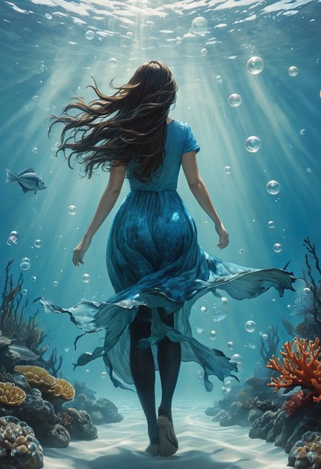 (water-colored), illustration, style of Jessica Galbreth,
(far view, far shot, rear view, facing away:1.3),
(Alice, very long dark brown hair,  hair rim lighting, hair in the wind, blue maid dress with short sleeves, black tights, black shoes:1.5), 
fog, dreamy, dream, coral, fish, sea weed
(walking, under water, bubbles, coral, giant fishes, sea weed:2)
