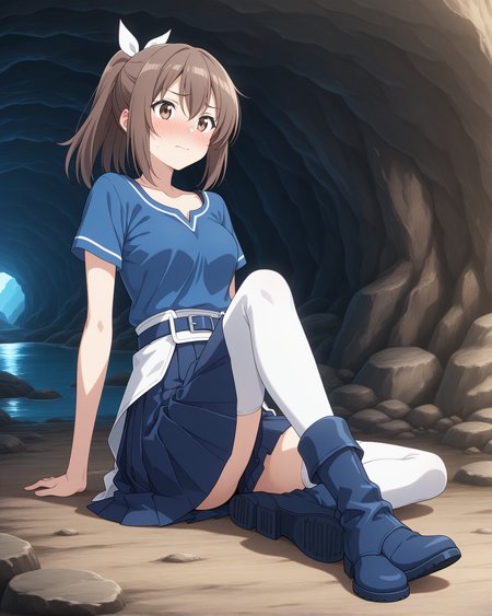 (blue shirt blue pleated skirt blue belt white thighhighs blue boots:1.50), 
bof-sally, brown eyes, (brown hair), sidelocks, bangs, hair between eyes, ponytail, white hair ribbon,
medium breasts, 1girl, 
(masterpiece, highres, ultra-detailed,very aesthetic, best quality, absurdres, high quality, highres), 
flustered,
close-up,
(feet:0.90), 
BREAK,
cave lake,
,
(solo:0.80), (skinny:0.8),
(),
<lora:bof-sally-V02-illXL:0.70>