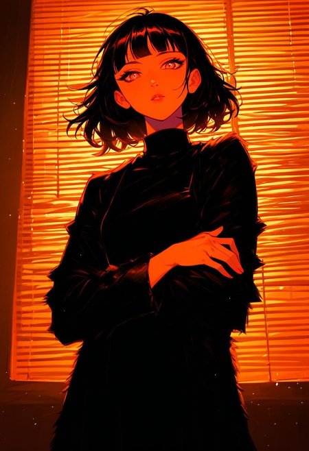 /1/ score_9, score_8_up, score_7_up, score_6_up, score_5_up, score_4_up, score_9, score_8_up, score_7_up, (4k quality, masterpiece):1.4), ( best quality:1.1), glowing neon colors, 50 mm lens,
 3/4 view, cowboy shot,
1woman, (Italian:1.3), black hair, (bangs), straight hair,
film noir dress, (black dress:1.5), fur coat, (black fur coat), arms crossed under breasts,
Medium breasts, high breasts, looking at viewer,
in front of a window, dark detective office, vintage room,Expressiveh
v3n3t14n, venetian blinds lighting, low light, dark room, lined lighting, light particles, neon lighting through windows,
Silhouette, high-contrast, rim lighting,