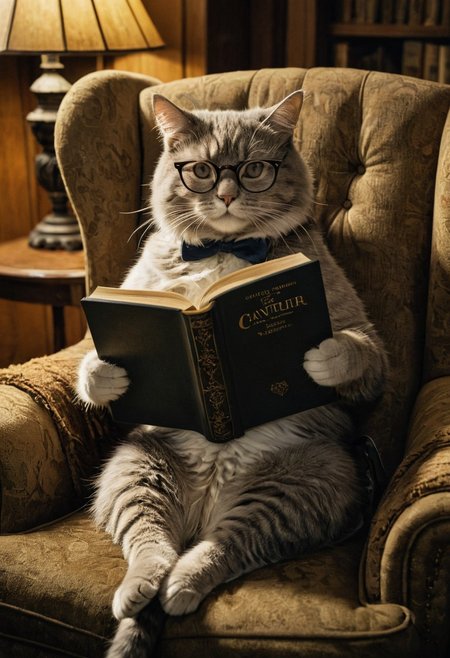 A charming elderly cat is depicted sitting in an armchair, adorned with spectacle glasses and engaging in the act of reading a book. This captivating scene is presented as a cinematic film still, featuring film grain, a vignette, and expertly applied color grading and post-processing techniques. Employing cinematic lighting and reminiscent of 35mm film, this live-action, high-quality production exudes an atmospheric, awe-inspiring, and dramatic masterpiece that can only be described as epic and stunning.
