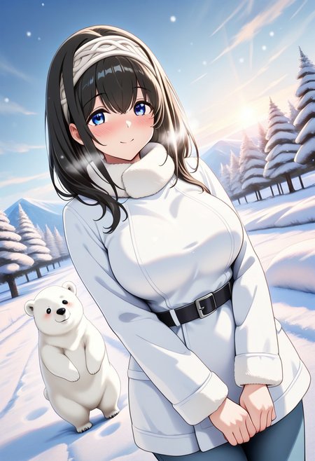 masterpiece, best quality, newest, absurdres, highres, anime,
fumika sagisawa, blue eyes, black hair, long hair, large breasts,
blush, smile,
winter clothes,
1girl, solo,
outdoors, winter,
Animal Christmas, cute animal, polar bear,
dutch angle,