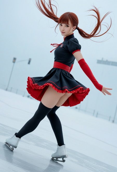 score_9, score_8_up, score_7_up, score_6_up, 
1girl, 25 years old, perfect face, (adult), sexy,
brown eyes,
red hair, very long hair, twintails, sidelocks, blunt bangs, floating hair,
pom pom (clothes), black red kung fu dress, puffy short sleeves, black skirt, frilled skirt, 
black thighhighs, 
figure skating, ice skating, skating rink, ice skates, dynamic angle, dynamic pose, from behind, looking back at viewer, 
winter,