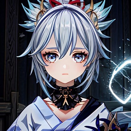 GenshinAvatar, (a girl with long light blue hair in a braided ponytail with a flower hairclip on it hair has split bangs, and blue eyes eyes,hydro character,hydro inazuma vison,wearing a blue kimono with a collar,outfit with blue charms and gems.:1.4), highly_detailed, illustration, portrait, (((masterpiece))),(((bestquality))), (black_background:1.4), simple_background, <lora:GenshinAvatarV2:1>