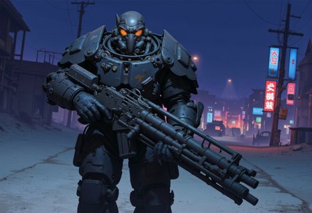 1man, A heavily armored warrior in futuristic black power armor stands confidently, wielding a massive gatling gun. The armor is bulky, with reinforced plating, large shoulder pads, and complex mechanical joints. The helmet has a slit like visor and built from multiple triangular metallic elements, giving the character a rugged, battle-hardened look. The gatling gun features a drum magazine, with visible wiring and mechanical components, emphasizing its powerful nature. The character exudes strength and resilience, with an imposing and intimidating stance, full shot, full body visible, ultra realistic, masterpiece, he walks in a deserted road, distant cyberpunk metropolis, night time, neon light lights the sky.