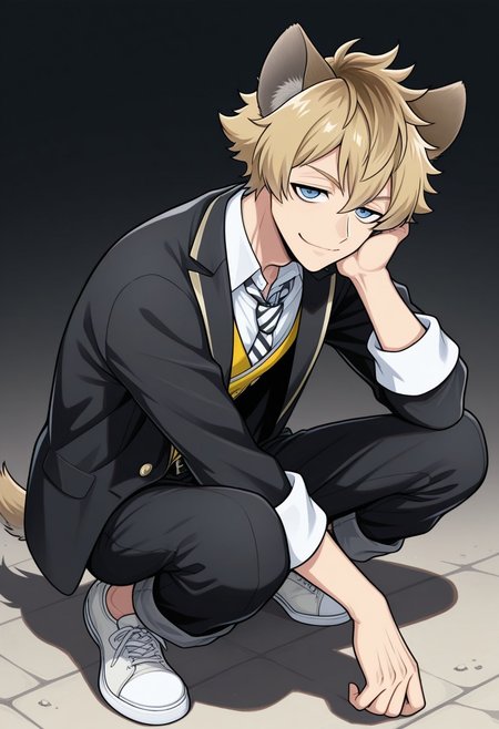 masterpiece,best quality,amazing quality, source_anime,
RuggieBucchi, 1boy, male focus, animal ears, solo, squatting, blue eyes, full body, smile, looking at viewer, blonde hair, tail,, school uniform, shirt, white shirt, collared shirt, necktie, striped necktie, black and white necktie, vest, yellow vest, jacket, blazer, black jacket, open jacket, belt, pants, black pants,, pants rolled up, shoes, sneakers, white footwear,