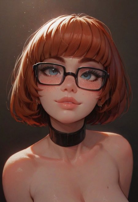 score_9, score_8_up, score_8. score_9, score_8_up, score_7_up, score_6_up, masterpiece, 4k, high quality
1girl, 25 year old beautiful Velma(from scooby doo), thick black lashes, blush, black collar, freckles, sultry look, soft smile, thick glasses, topless, face shot, face focus,