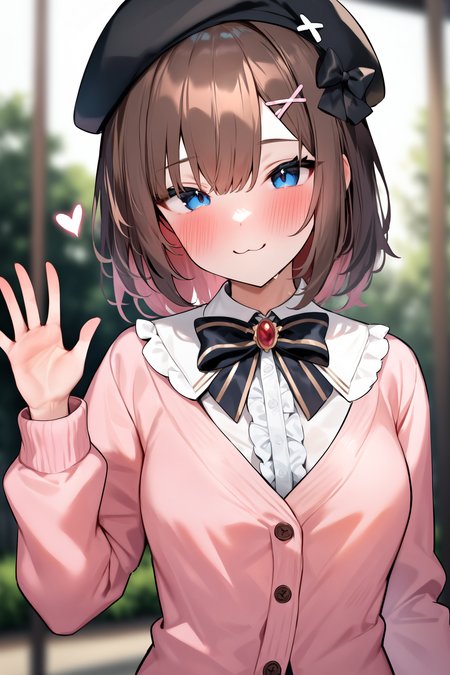 masterpiece, best quality, very aesthetic, absurdres, 1girl,  bow, cardigan, hair ornament, small breasts, center frills, upper body, blue eyes, hat, shirt, :3, pink cardigan, brown hair, blush, x hair ornament, looking at viewer, white shirt, brooch, bangs, bowtie, jewelry, solo, hair bow, beret, black headwear, frills, medium hair, waving, heart, closed mouth, smile, long sleeves, hairclip, striped
,   <lora:Yuyu_AnimagineXL_dim32:1>