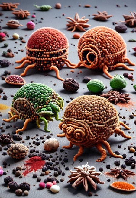 A highly detailed, vibrant strange creature made of herbs floating in space, Herbs_Morf, strange little creatures