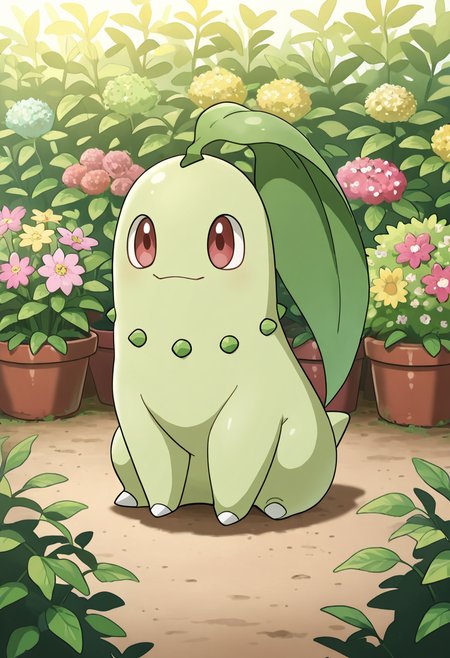 masterpiece, best quality, no humans, solo,    zzChikorita, sitting, flower garden,    ,<lora:ChikoritaPokedex_IXL:1.0>,