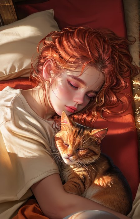 score_9, score_8_up, score_7_up, score_6_up, ultra highres, absurdres, (realistic face, best quality, ultra detailed),8k, Exquisite color design,
cute girl, auburn hair, livingroom, rug, sleeping on rug, cat ears, wooden floor, cuddle orange cat, t-shirt, close up,
highly detailed, intricate details in hair, masterpiece, best quality, perfect lighting
<lora:S1_Dramatic_Lighting_v2:0.3> s1_dram <lora:incase-ilff-v3-4:0.25>   <lora:kyuyong:0.9> kyuyongeom <lora:kurtzXLP:1> kurtz