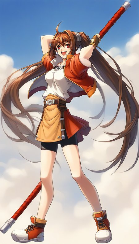 score_9, score_8_up, score_7_up, source_anime, rating_explicit, BREAK  <lora:Estelle_Bright_Retro_XL:1> Estelle_Bright, brown hair, very long hair, twintails, ahoge, red eyes, hair intakes, medium breasts,
1girl, solo, twintails, gloves, weapon, staff, skirt, bike shorts, fingerless gloves, smile, shoes, cropped jacket, full body, miniskirt, belt, open mouth
outdoor, sky,