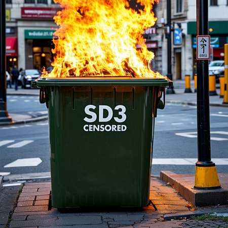 garbage bin on fire, 
on the side of the bin is written "SD3 Censored"