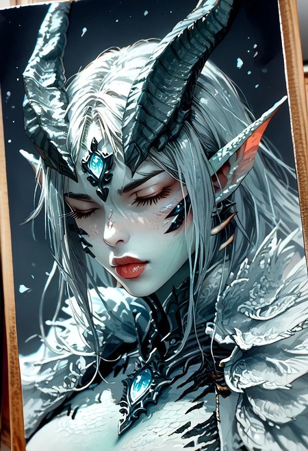 zPDXL3,painting,watercolor,traditional media,
XUER,
highly detailed,masterful details,unconventional supreme masterpiece,with a high-end texture, detailed background,
BREAK 
(score_9, score_8_up, score_7_up), (Masterpiece), (expressive eyes), 1girl, 
Dragon Zombie, colored skin, teal skin, scaled arms, scaled legs, kneehigh scales, bone scales, white scales, black underside, leathery wings, tattered wings, segmented tail, head fins, cheek scales, wavy horns, boob gem, closed eyes, wait for a kiss,
<lora:MGE_V5.0:1.2>
BREAK
sharp style, dynamic angle, random pose, random emotion, pinup pose, 
BREAK
Expressiveh,Fleshy lips,Detailed lips, wide lips,