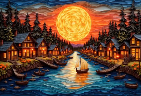 A paper quilling, layered paper depiction of a boat on a body of water, golden steampunk city atmosphere, large glowing moon, wooden houses, fire light, very realistic painting effect, atmosphere, gold-orange planet, taverns nighttime lifestyle, hyper realistic, burning village, waterways, gorgeous painting, xixth century painting, fiery particles