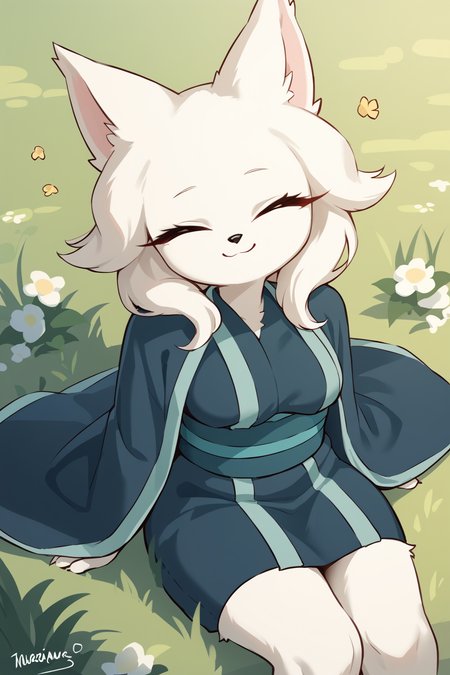 score_9, score_8_up, score_7_up, score_4_up, score_5_up, score_6_up, source_anime, <lora:Heng_Nine_Sols:0.7>, furry, anthro, body fur, white fur, fluffy fur, animal nose, large eyes, narrowed eyes, long eyelashes,  animal ears, medium breasts, grass, looking at viewer
skindentation, kimono, robe, cloak,
(gratitude, (joyful ^_^ happy delighted blissful:1.1) , closed eyes, opened mouth, smile, ),