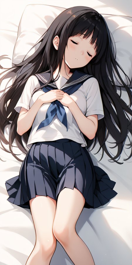 score_9, score_8_up, score_7_up, score_6_up, score_5_up, score_4_up, BREAK source_anime, masterpiece, best quality, ultra quality, <lora:Chitanda_Eru-02:1>, chitanda, black hair, long hair, closed eyes, simple background, frontal view, looking at viewer, blush, white shirt, blue neckerchief, serafuku, pleated skirt, hands on chest, lying, sleeping, parted lips, detailed tabs