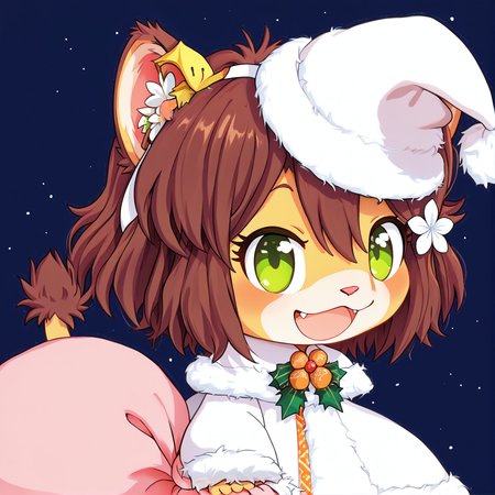 padoru <lora:padoru-IL-1.0:1>, masterpiece, perfect quality, best quality, anime coloring, 1girl, solo, padorumeme, padoru, simple dark blue background, Keiko, 1girl, solo, brown hair, furry female, green eyes, smile, animal ears, tail, animal nose, hairband, hair ornament, hair flower, body fur, short hair, bangs, lion ears,  <lora:Keiko_v03_PDXL:1>, christmas hat, score_9, score_8_up, score_7_up, score_6_up, score_5_up, score_4_up,