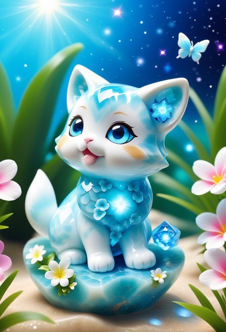 a cute chibi domestic animal made of reij-lmlrmr  <lora:lumilarimar-000003:0.9>, cuteness overload, surrounded by stardust,, sitting in a river surrounded by flowers