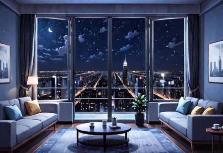 ((((front view)))), Shallow scene, ((animation style)), (((City high-rise building scenery))), ((((City scenery outside the window)))), ((sense of mystery)), (night), starry sky, moonlight, (weak light), (Facing the window), (open window), modern-style interior,  (sofa and coffee table by the window sill), Wooden floor, with white walls, (large windows), carpet, a living room, (((Sofa placed horizontally))), (Behind the sofa is the window sill),