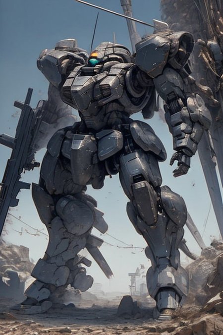 edge quality, perspective silhouette, 8k, best quality, masterpiece, extremely detailed, rule of thirds, photorealistic, superb, HDR, high resolution, sharp focus, photorealistic rendering, extremely detailed description, professional, gorgeous and intricate detail,
Mecha, mech, solo focus, Zeon, zaku, retro, industrial design:0.5, robot, one-eyed, science_fiction, glowing eye, green, purple armor, blue armor, spikes on shoulder, weapon, ((holding weapon, holding gun)), rounded armor plates, rounded head, 
full body, subject in frame
chara-sheet