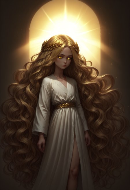 score_9_up, score_8_up, score_7_up, miquella, standing, 1boy, golden laurel wreath crown, absurdly long hair, wavy blonde hair, glowing-yellow-eyes, legs, white robe, realistic skin details, sun, sunlight, rays of sun, light shafts, <lora:FloorLengthHair:0.7>, <lora:miqeulla:0.7>