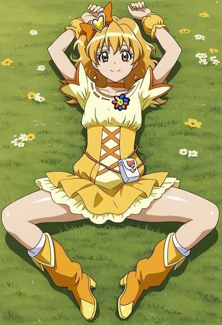 detailed background, shiny skin, posing,
<lora:curepine.pony:1>,
curepine, wide hips, 
 high quality, solo, lying, on back, arms up, spread arms, spread legs, closed mouth, on grass, full body, looking at viewer, smile, best quality