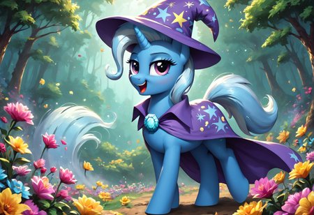 Trixie mlp dancing in a flower=filled forest in the night moonlight . solo, (Fecto Elfilis:1.2), blue fur, wizard cape multicolored eyes, colored sclera, (feral pony:1.2), , fluffy tail, forest, morning, happy, dancing, beautiful, detailed, masterpiece, score_9_up, score_8_up, score_7_up, (brightly colored flowers:1.2), vibrant, dynamic background, high resolution,