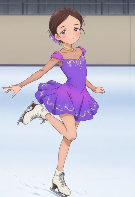 Masterpiece , best quality , amazing quality , anime screencap   , ice skater , a girl , emayamato , purple sleeveless dress , brown hair  , leg lift , ice skating ,  looking at viewer, smile