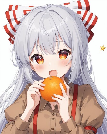 fujiwara no mokou,1girl, open_mouth, solo, hair_bow, long_sleeves, suspenders, collared_shirt, holding_fruit, eating, blush, white_bow, upper_body, looking_at_viewer, buttons, hime_cut, red_bow, upper_teeth_only, brown_shirt, grey_shirt, white_background, puffy_sleeves, multicolored_bow, mandarin_orange, signature
<lora:fujiwara_no_mokou_image4672_2023-12-14-000008:1>,star-shaped_pupils,symbol-shaped_pupils,. gorgeous,key visual, vibrant, studio anime,award-winning, professional, highly detailed,high budget, cinemascope