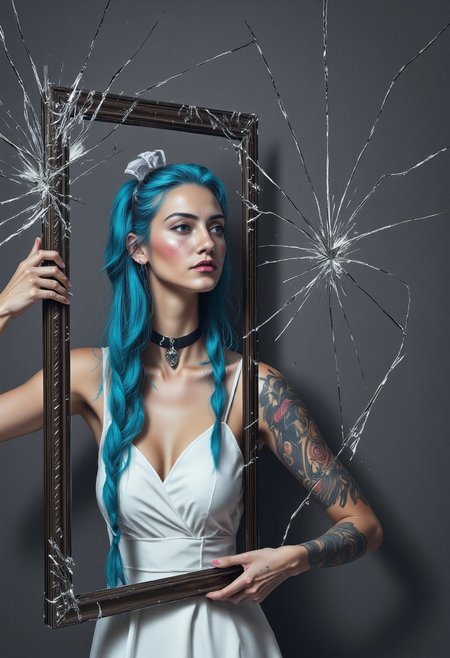 A broken picture frame with shattered glass, featuring Stacy in a solo shot. She has long, blue hair in twin braids, a hair bow, and freckles. Stacy's piercing blue eyes, puffy lips, and intricate arm tattoo are highlighted. She wears a white dress, a black choker, and a look of sadness as she gazes at the broken frame. The grey background, detailed with photorealistic textures, cinematic lighting, and natural skin tones, adds depth. The scene captures a fantasy world in VibrantlySharp style, with atmospheric depth, expressive eyes, and realistic reflections. The shattered glass symbolizes a broken heart, enhancing the emotional impact of the image