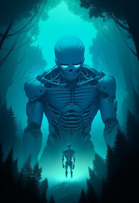score_9, score_8_up, score_7_up, score_6_up, score_5_up, flat color, sinozick style, john kafka, (1man, blue skeleton), cool shirt, (forest, giant, CR33P1NGF0G, fog)