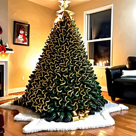 ASCIIjoyful happy christmas style, wide angle, big ((messy stack of entangled thick dark green tentacle)), thick tentacles crawling on the rug, ((tall)) (pile of thick tentacles in the rough (shape of a christmas tree)), (tiny) gold metal star on top,  well lit, candle lights, in the middle of a living room, on a white rug on a hardwood floor, wrapped gifts around, hyperrealistic, ultra realistic, 8k, fireplace