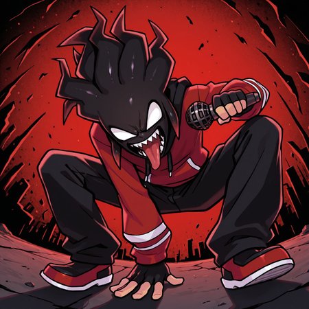 2d, 1boy, solo, Agoti, male, humanoid, monster boy, black head, black hair, short hair, tendril-like hair, hair up, rising hair, white sclera, no pupils, red hoodie, black drawstrings, black fingerless gloves, black pants, white chains, red and black shoes, white shoe soles,  

BREAK furious, sharp teeth, tongue out, screaming, from above, outside, on one knee, holding microphone, low angle view, looking at viewer

BREAK best quality, amazing quality, very aesthetic, absurdres, newest, masterpiece 
