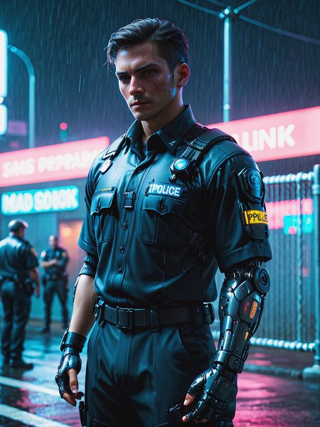 (mad-2cbrrm,  mad-1cbrrm:1.3), police officer in uniform, in front of chain link fence, cyberpunk,  night, neon light, haze, rain,  <lora:Neon_Cyberpunk_Cyberarm_SDXL:0.8>, (masterpiece:1.2), best quality