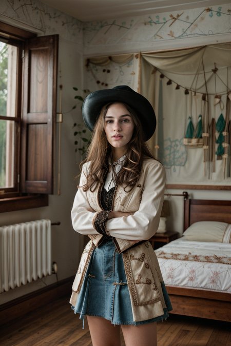 <lora:LCM_LoRA_Weights_SD15:1>,<lora:detail_slider_v4:1.2>,(angelic cowboy) 28year old adult woman, cameltoe:1.3, Athletic build, medium hazel hair, korean, dark  skin, wearing  cowboy hat with beaded band, Fringed leather jacket, suede skirt with lace trim, suede cowboy boots with floral embroidery, work gloves with reinforced palms and fingers,western tie with a decorative slide and leather cord, set in the far west era, in Bedroom, Cozy space with a four-poster bed, a handmade quilt, a washstand with a pitcher and basin, a wardrobe for clothes storage, a rocking chair by the window ,(full body:1.3),(full shot:1.3),(wide shot:1.3),(full body portrait:1.3),from outside:1.1,long exposure photography, streaking lights, smooth motion, dreamy landscapes, ethereal atmosphere, light painting, creative expression, time manipulation, surreal effects, captivating visuals, artistic interpretation, immersive experience, unique perspective,
