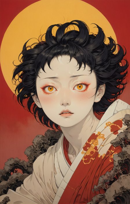 japanese line art, horror painting, extreme face close-up of a statuesque Santomean woman with a tired expression with a crimson sky, yellow sun, in the style of takato yamamoto <lora:takma2:1>