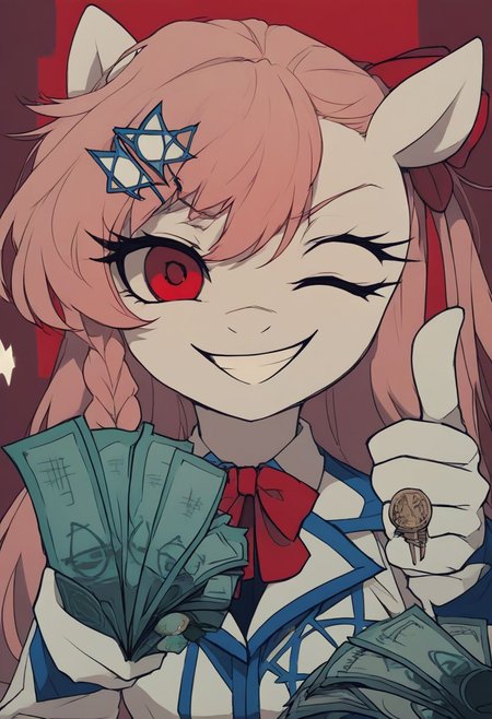 score_9, score_8_up, score_7_up, score_6_up, masterpiece, source_anime, source_hentai,
solo, 1girl, <lora:negev.pony:1>, thumbs up, one eye closed, money, holding money, portrait, cropped torso, smile, (crazy smile:0.6), (shaded face:0.6),
<lora:xl_more_art-full_v1:0.6>,
<lora:Dark_Anime:0.8>, Dark Anime of negev,