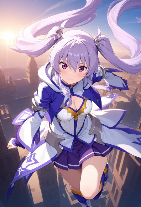 elfriede_albert(witchmaster), purple eyes, hair between eyes, twintails, very long hair, purple hair, medium breasts,
hair ornament, white long sleeves, purple skirt,cleavage, blue boots,
 <lora:elfriede_albert(witchmaster)_Illustrious-XL-1.1-v1:1>, masterpiece, best quality, absurdres, very aesthetic, (1girl, solo:1.2),newest, year 2023,, flying, (dynamic_pose),
 blush,closed mouth,light smile, 
looking at viewer,cowboy shot,
(outdoors)