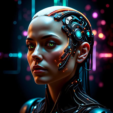 Create a futuristic, high-contrast image of a bioengineered woman with a neural network implanted in her brain, short buzzed hair with green eyes, gazing directly at the viewer with a confident and slightly surprised expression. Her skin is smooth and natural, but her eyes seem to hold a hint of macabre intensity. The background is a dark, nebula-like expanse, with tendrils of color swirling around her like a cyberpunk aurora. The overall effect should be one of dramatic, high-contrast realism, with a focus on fine texture and extreme detail. The image should feel like a still from a sci-fi movie, with a sense of futuristic unease and tension.   <lora:flux/skin texture style v5.safetensors:1.0>, skin texture style, realism, detailed, <lora:flux/Realism 2.safetensors:0.8>, realism, realistic,  <lora:art and styles/MysticFantasy.safetensors:0.8>,