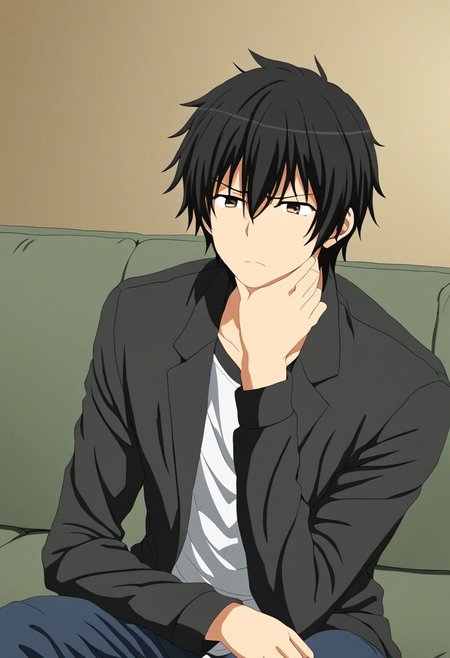 high resolution, solo, best quality, 1Boy, Kanie Seiya, Black Hair, deep talk, helpless, sit, couch, OverallDetail