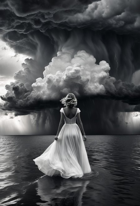 <lora:xl_more_art-full_v1:0.3>, subsurface scattering, photorealistic, hyperrealistic, analog style, realistic, film photography, soft lighting, heavy shadow, (black and white, greyscale:1.5), woman walking on water, looking straight ahead, elegant billowing dress, ominous storm clouds, tornado,