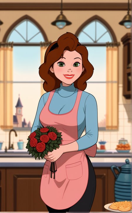 score_9, score_8_up, score_7_up, absurdres, giving, giving flower, holding bouquet, bouquet, red carnation, lantern, curtains, sparkle, standing, leaning forward, light smile, looking at viewer, cathedral, gothic architecture, blurry background, depth of field, vanishing point,<lora:PONYXL_IronGiant_AnnieHughes_ownwaifu:1>, BREAK BlueShirt_AnnieHughes_ownwaifu, 1girl, apron, black belt, black hairband, black pants, blue shirt, blue sweater, breasts, brown apron, brown hair, curly hair, eyeshadow, green eyes, large breasts, leggings, lips, lipstick, long hair, long sleeves, makeup, mature female, nose, pink apron, pocket, red lips, turtleneck,  turtleneck sweater,<lora:add-detail-xl:0.15>,